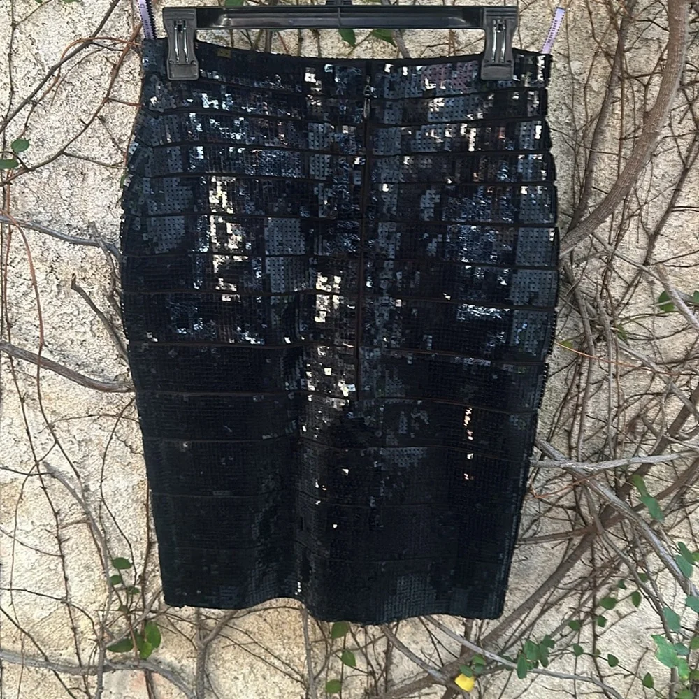 Herve Leger Black Sequin Knee-Length Pencil Skirt
